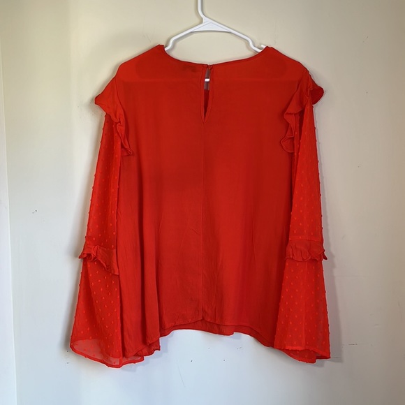 Nicole Miller New York Orange Ruffle Bell Sleeve Swiss Dotted Long Sleeve Blouse - Picture 7 of 8